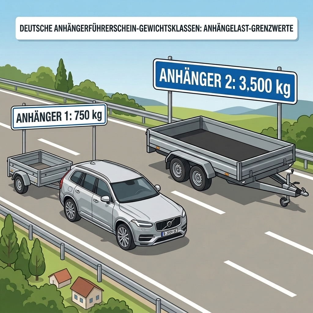 Übersichtsgrafik zu den Gewichtsgrenzen beim Anhänger fahren mit Führerschein Klasse B