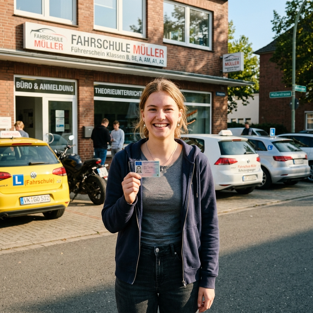 Junge Person hält lächelnd einen deutschen Führerschein in der Hand, im Hintergrund eine Fahrschule