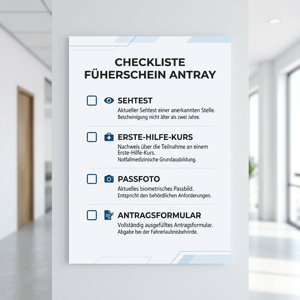 Checkliste mit Sehtest, Erste-Hilfe-Kurs, Passfoto und Antragsformular