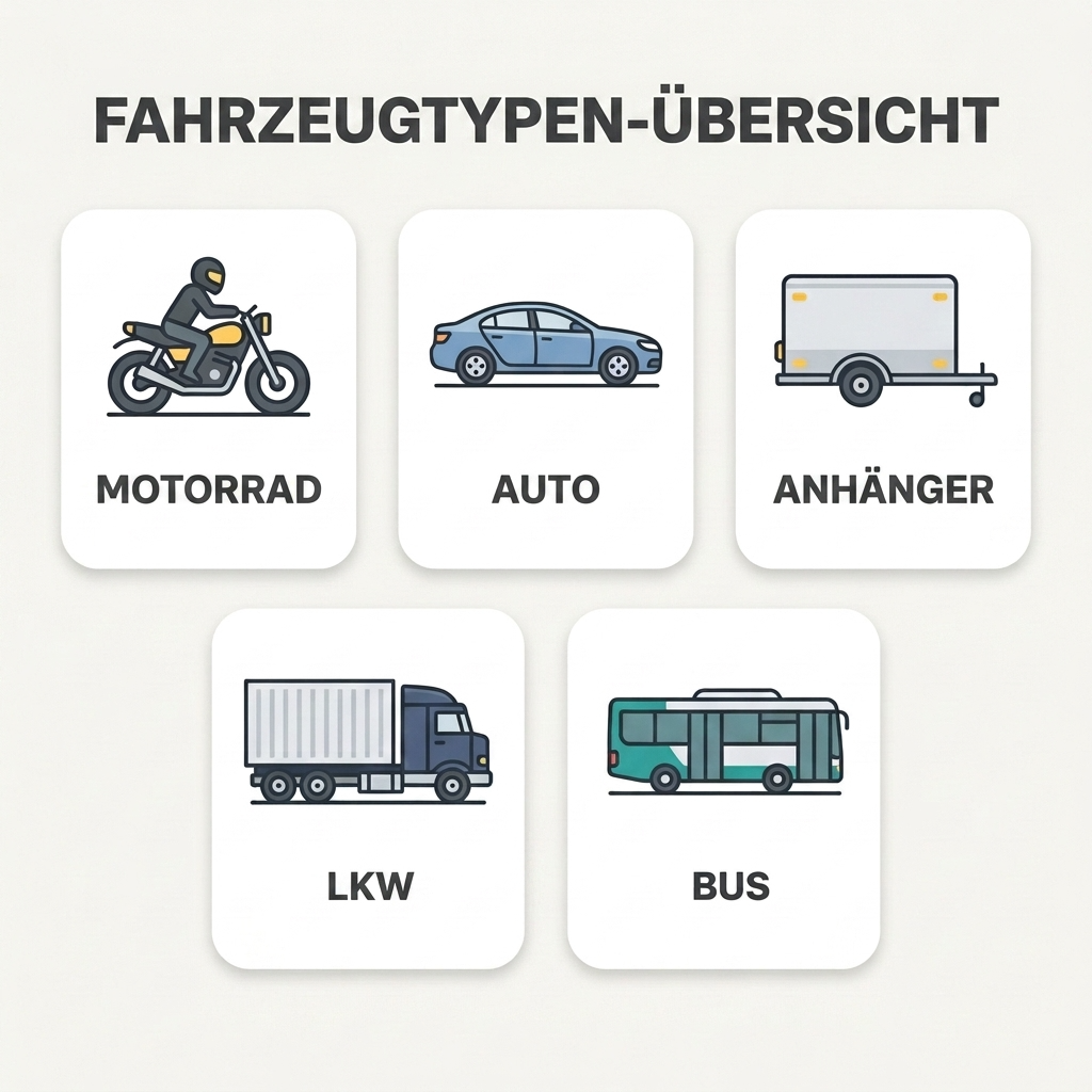 Infografik mit Übersicht der Fahrzeugtypen Motorrad, Pkw, Anhänger, Lkw und Bus, dargestellt mit einfachen Symbolen und deutschen Klassenbezeichnungen in einer klaren Rasteransicht.