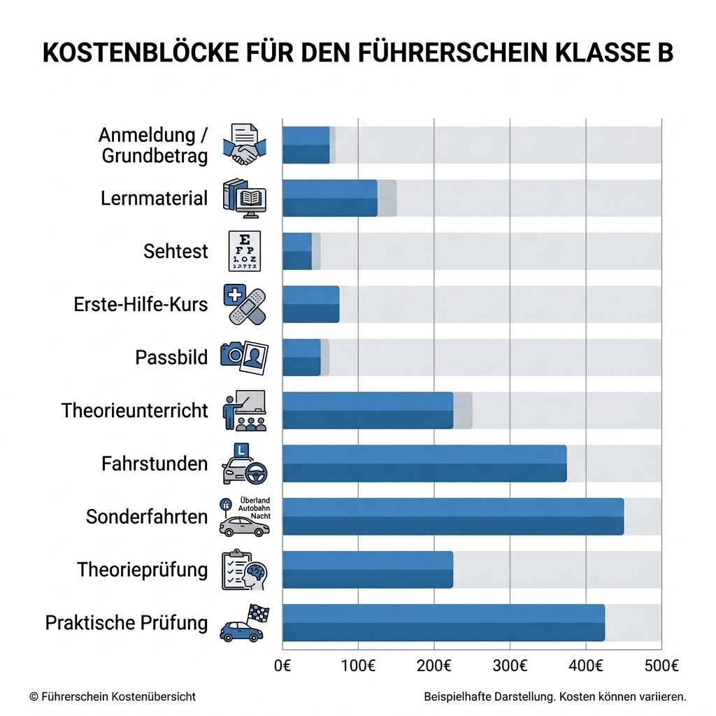 Balkendiagramm zu den Kostenblöcken für den deutschen Klasse-B-Führerschein mit einzelnen Posten wie Anmeldung, Lernmaterialien, Fahrstunden, Sonderfahrten sowie Theorie- und Praxisprüfung.