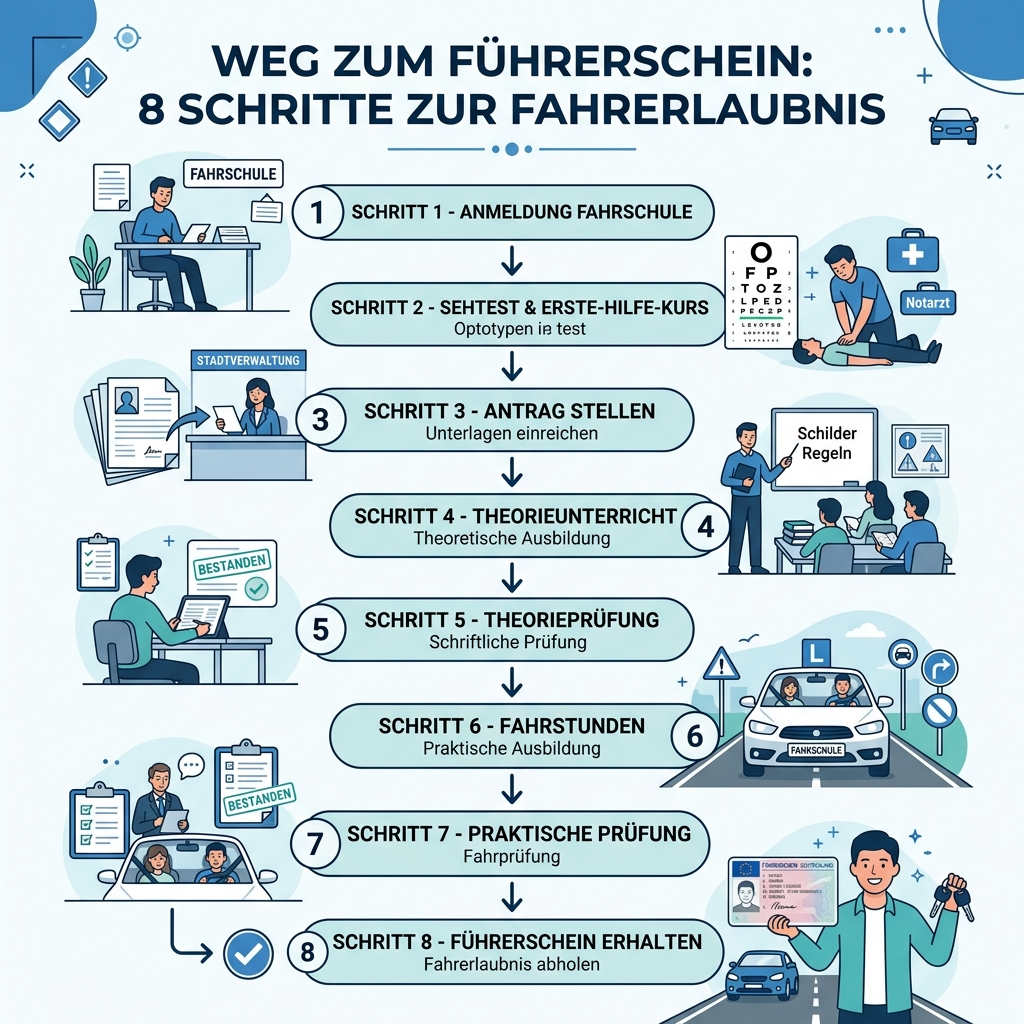 Infografik zum Führerschein in Deutschland mit 8 Schritten: Anmeldung in der Fahrschule, Sehtest, Erste-Hilfe-Kurs, Antragstellung, Theorieunterricht, Theorieprüfung, Fahrstunden, praktische Fahrprüfung und Erhalt des Führerscheins. Das Ablaufdiagramm zeigt den kompletten Prozess zum Führerschein übersichtlich, modern und leicht verständlich.