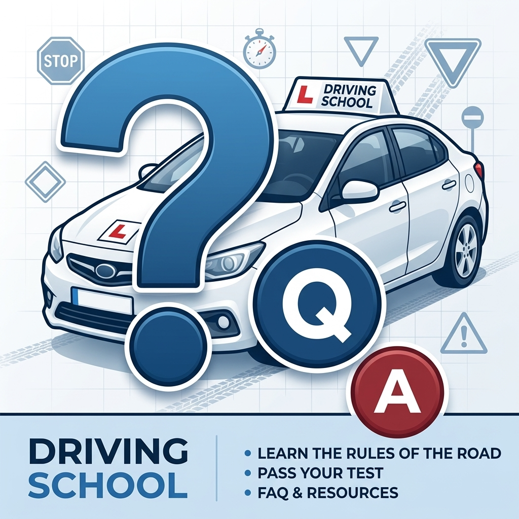 FAQ-Symbol mit Fragezeichen vor einem Fahrschulauto
