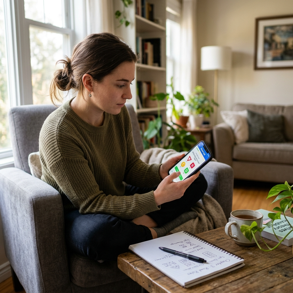 Eine Person übt Theoriefragen mit einer Lern-App auf dem Smartphone in einer gemütlichen, hellen Wohnumgebung.