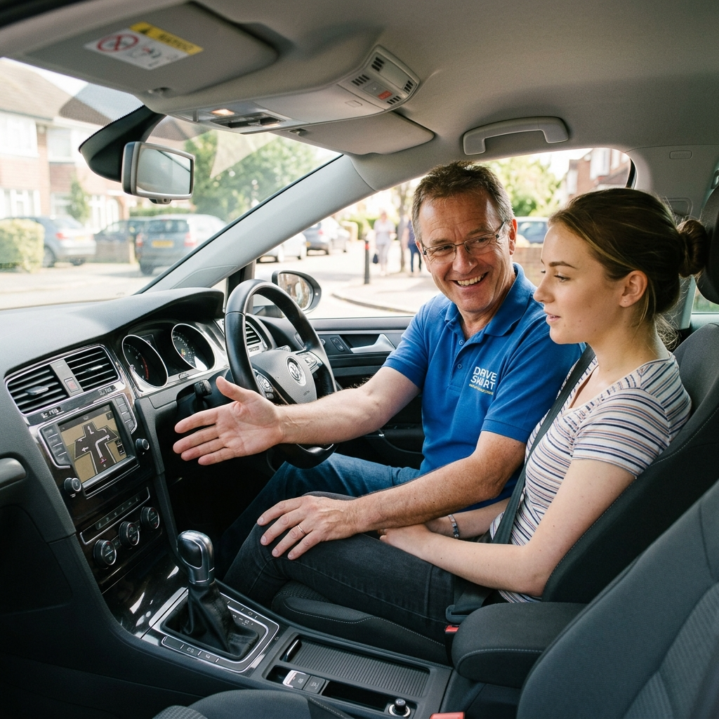Fahrlehrer erklärt einer Fahrschülerin freundlich eine Verkehrssituation im Auto während der Fahrstunde.