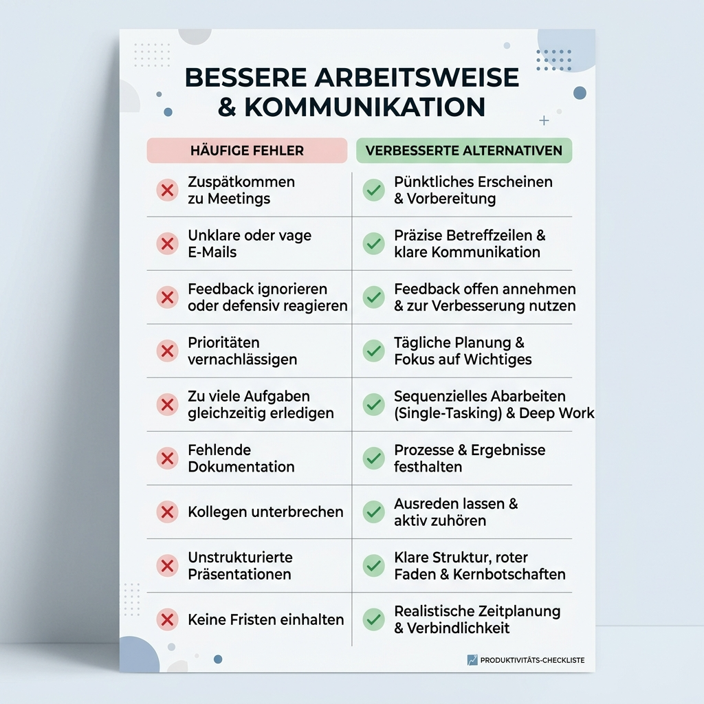 Infografik-Checkliste zu häufigen Fehlern im Arbeitsalltag und besseren Alternativen mit Tipps zu Pünktlichkeit, klarer Kommunikation, aktivem Zuhören, Priorisierung, Fokus und zuverlässigem Zeitmanagement.