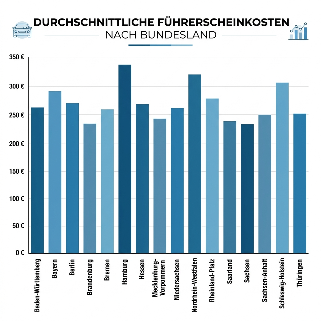 Balkendiagramm mit durchschnittlichen Führerscheinkosten in verschiedenen deutschen Bundesländern