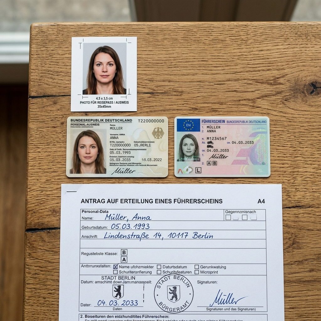 Deutscher Führerschein, biometrisches Passbild, Personalausweis und Antragsformular liegen ordentlich auf einem Holztisch