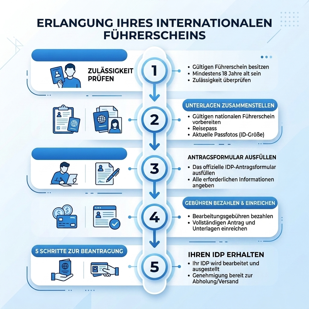 Übersichtliches Diagramm zeigt fünf Schritte zur Beantragung eines internationalen Führerscheins