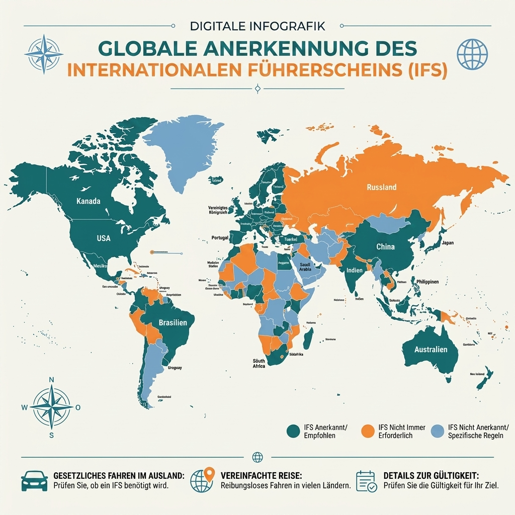 Weltkarte hebt farbig die Länder hervor, in denen der internationale Führerschein gültig und anerkannt ist