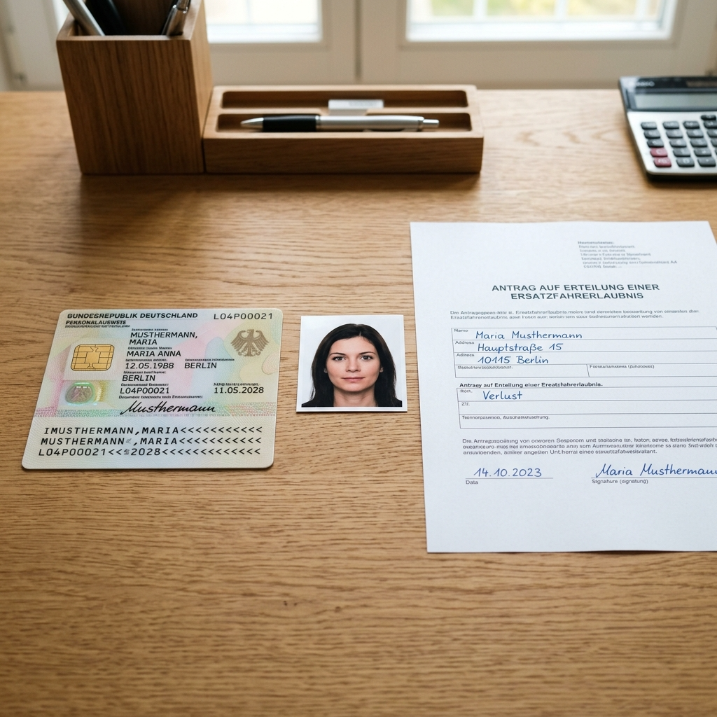 Personalausweis, Passfoto und Antragsformular für den Ersatzführerschein liegen bereit.