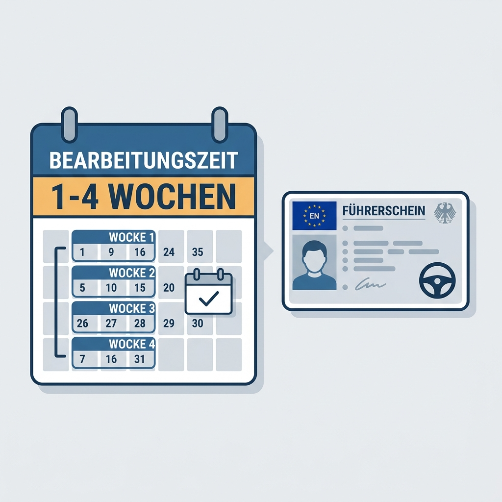 Kalender zeigt die typische Bearbeitungszeit für einen Ersatzführerschein von ein bis vier Wochen.