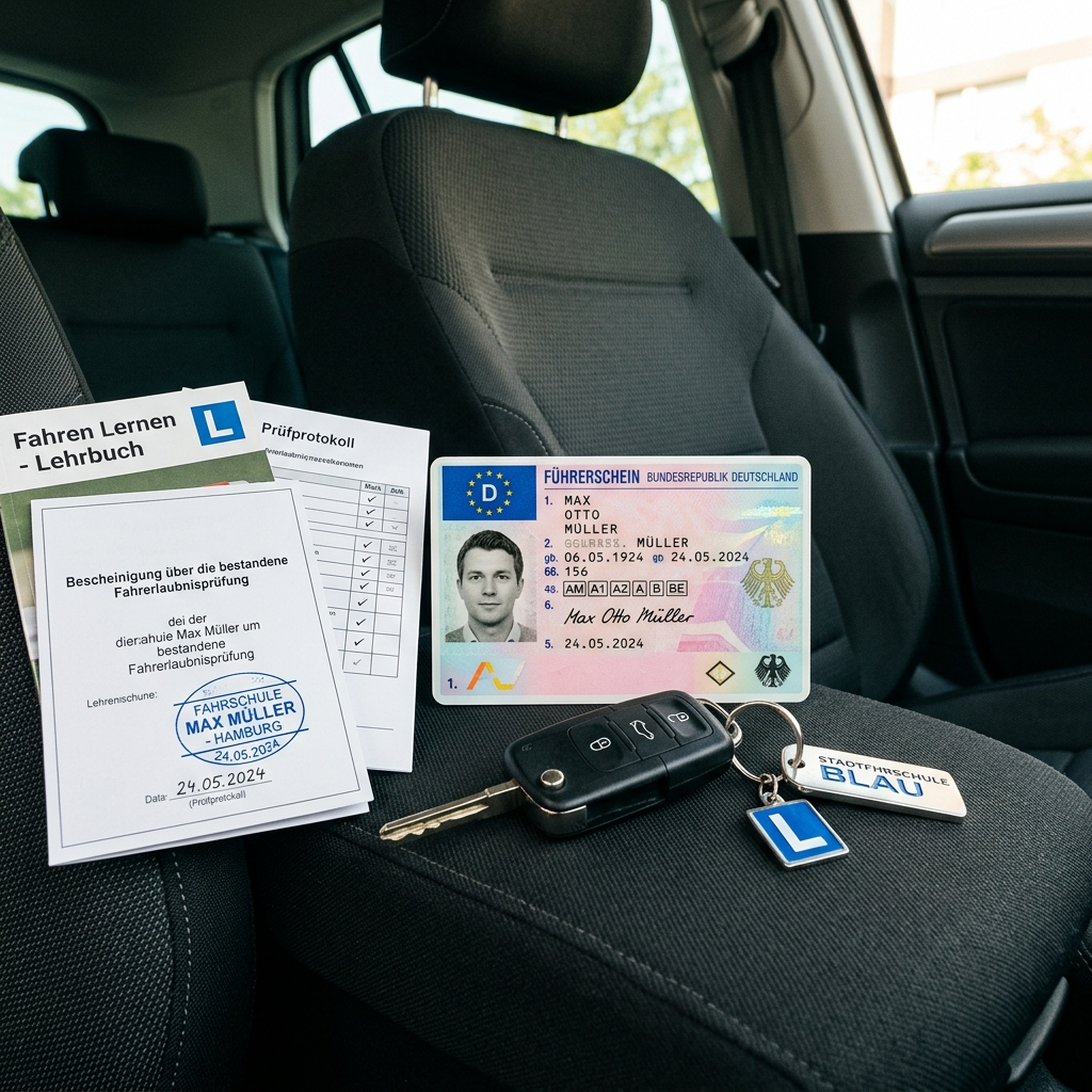 Frontansicht eines deutschen Führerscheins auf einem Autositz, daneben Autoschlüssel und Fahrschulunterlagen