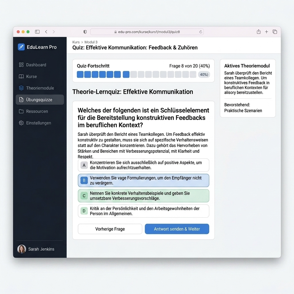 Screenshot einer Theorie-Lernoberfläche mit einer Beispielfrage.