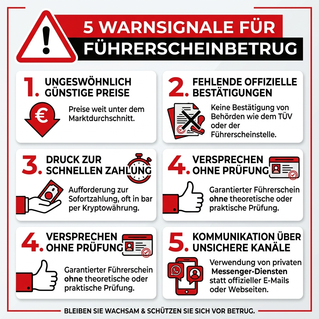Checkliste-Grafik „5 Warnzeichen für Führerschein-Betrug" mit rotem Warn-Icon.