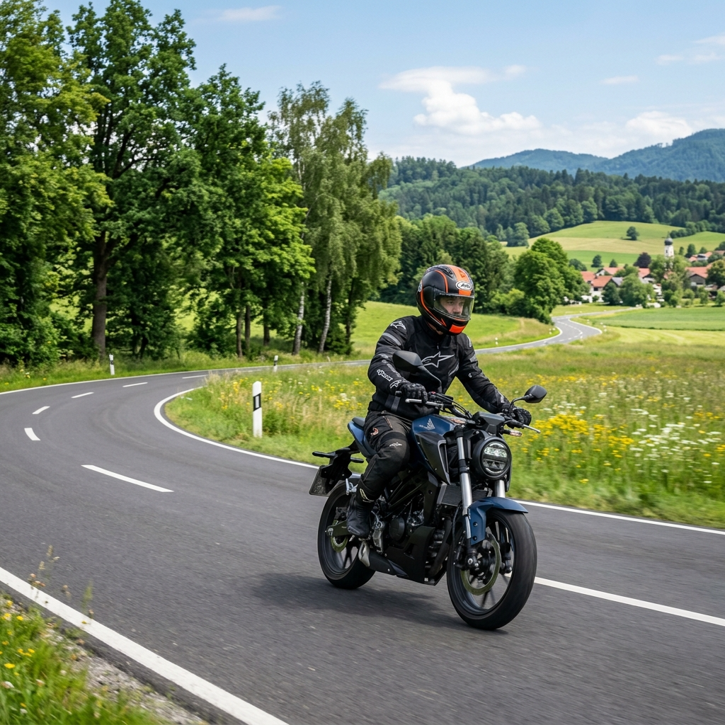 Junger Motorradfahrer mit 125ccm Maschine und vollständiger Schutzausrüstung auf einer deutschen Landstraße