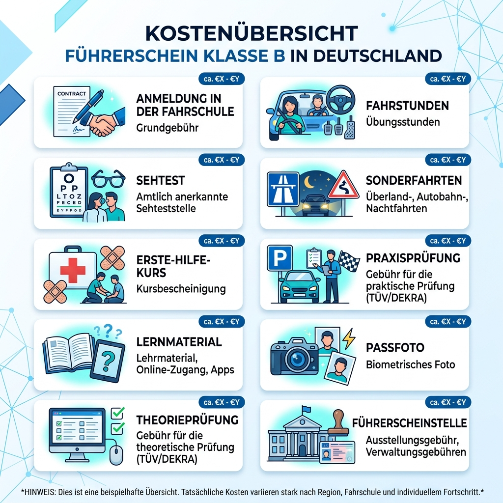 Kostenübersicht Führerschein Klasse B als übersichtliche Grafik mit Einzelposten