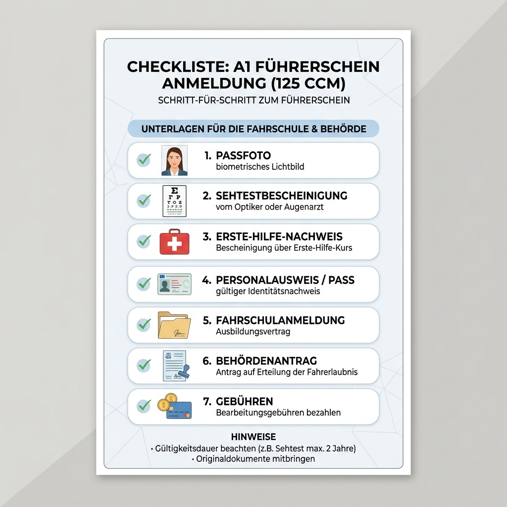Übersichtliche Checkliste mit Passfoto, Sehtest und Erste-Hilfe-Nachweis für die Anmeldung zum 125 Führerschein