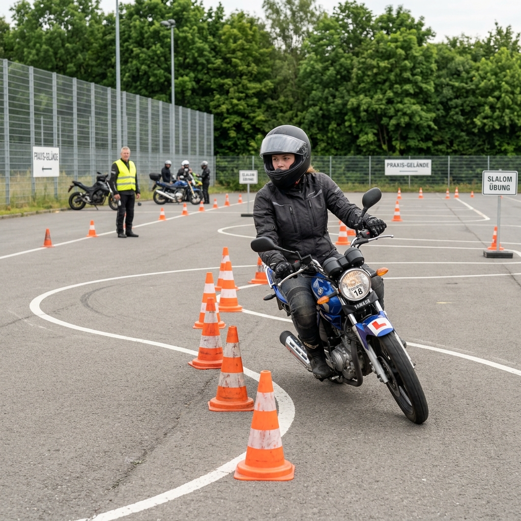 Fahrschüler trainiert die Grundfahraufgabe Slalom mit dem 125ccm Motorrad für die praktische Führerscheinprüfung