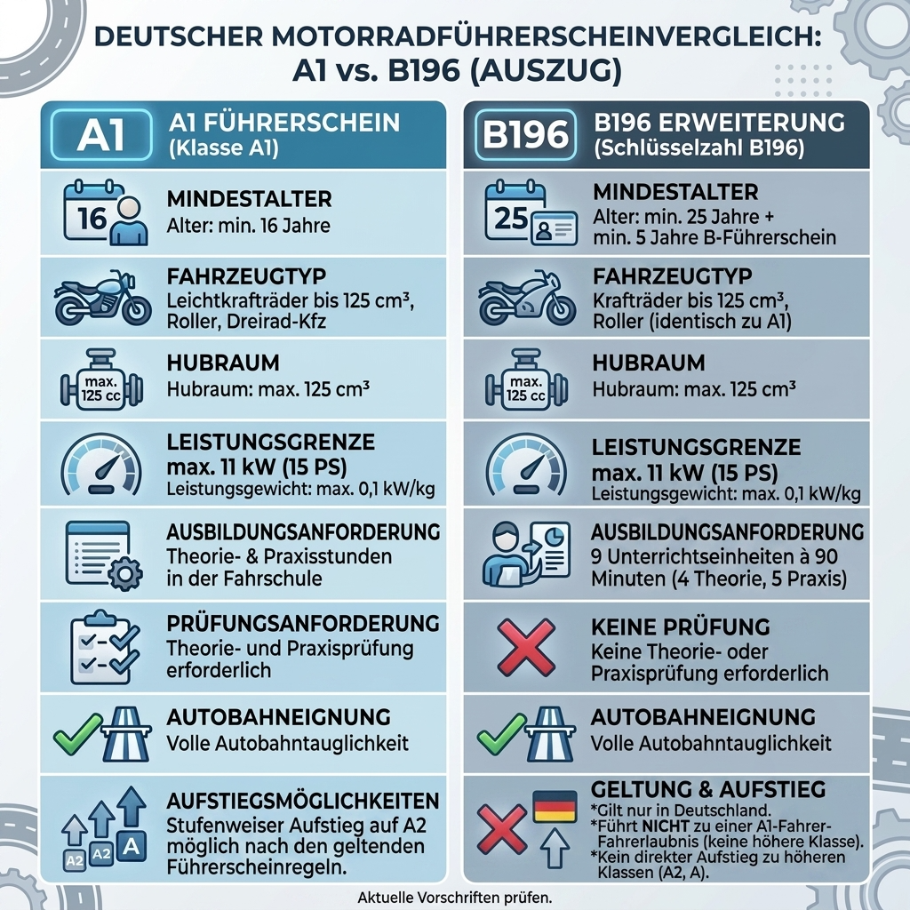 Vergleich A1 Führerschein und B196 Kosten und Voraussetzungen.
