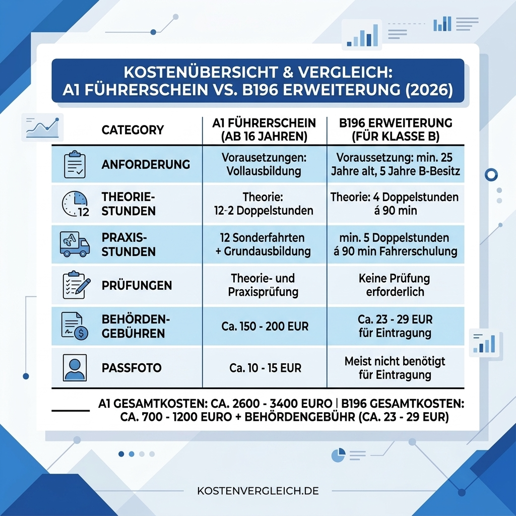 Kostenaufstellung A1 Führerschein und B196 im Detail für 2026.