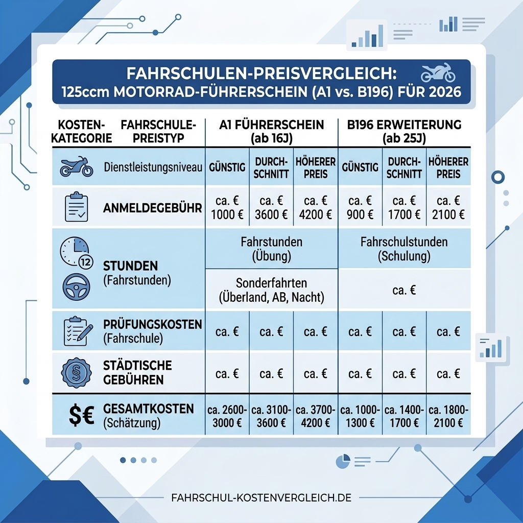 Kostenvergleich Fahrschulen 2026 für den 125er Führerschein.