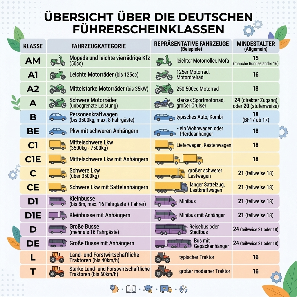 Übersichtstabelle der Führerscheinklassen mit passenden Fahrzeugsymbolen