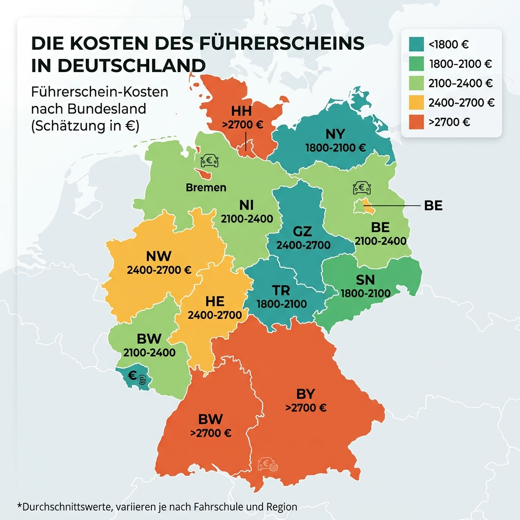 Deutschlandkarte mit farblich markierten Führerscheinkosten nach Bundesland
