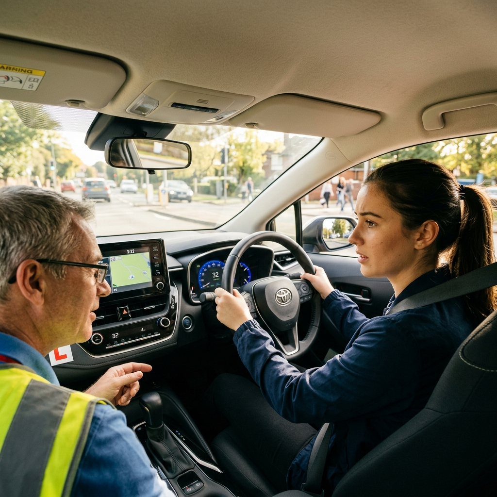 Fahrschüler:in am Steuer mit Fahrlehrer:in auf dem Beifahrersitz