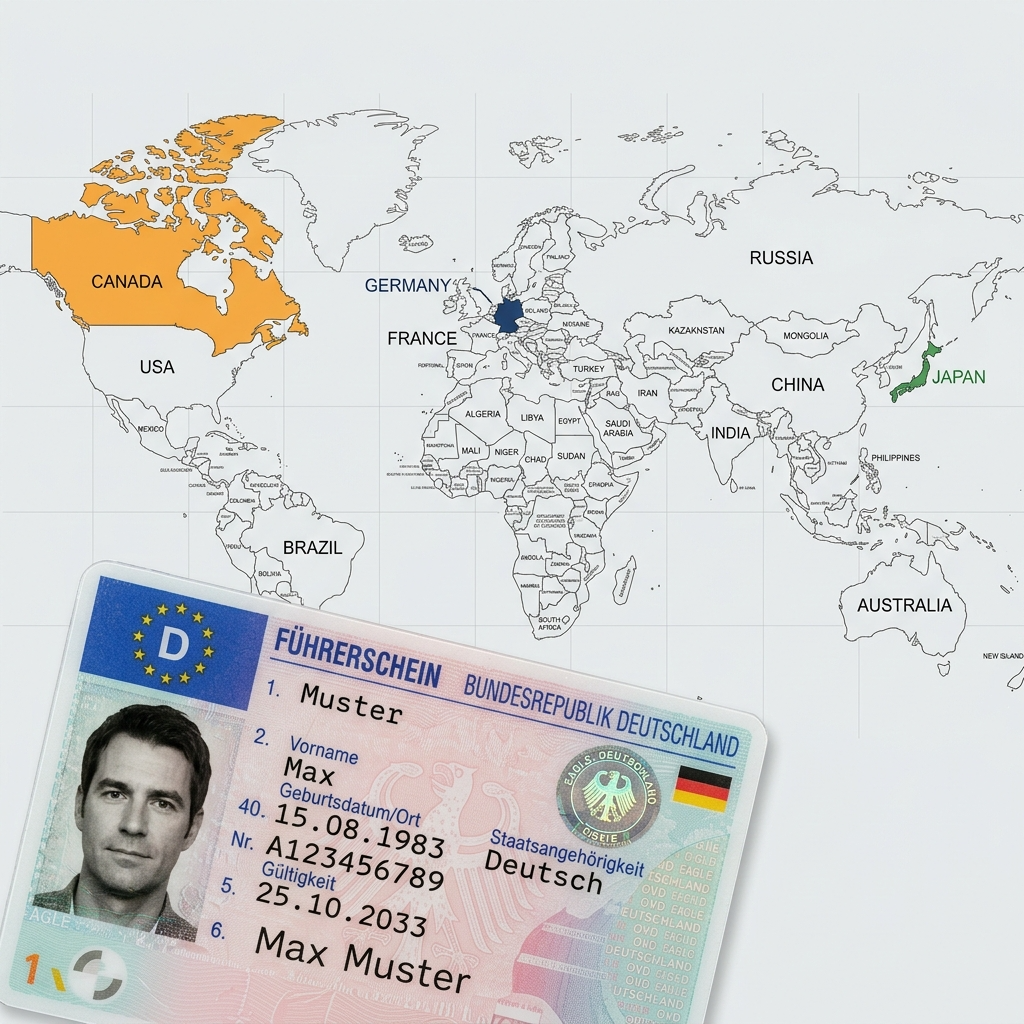 Weltkarte mit hervorgehobenen Ländern und einem deutschen Führerschein