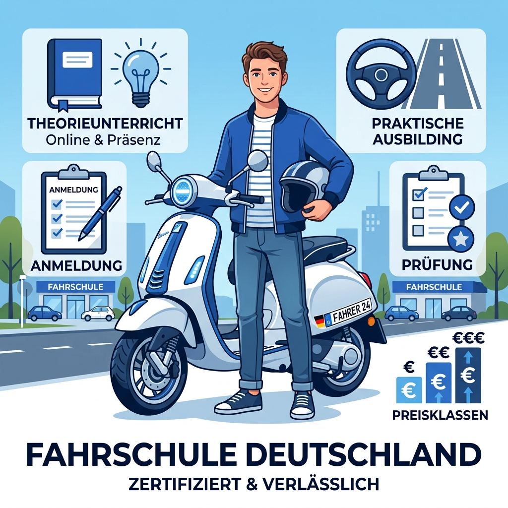 AM-Führerscheinkosten im Überblick: Infografik mit einem jungen Mann neben einem Roller sowie Symbolen für Anmeldung, Theorieunterricht, praktische Ausbildung, Prüfung und Preisstufen.