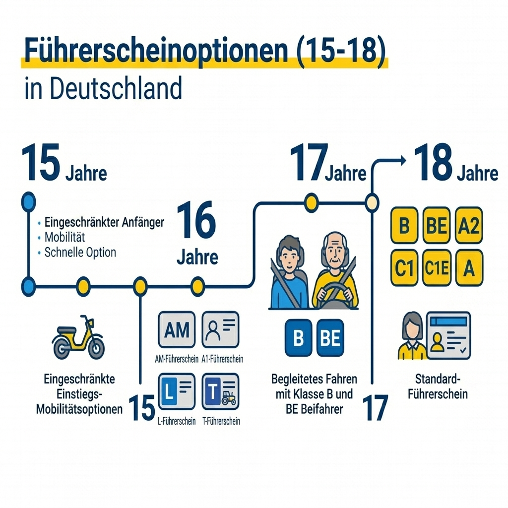 Zeitstrahl: AM Führerschein ab 15 im Vergleich zum Autoführerschein