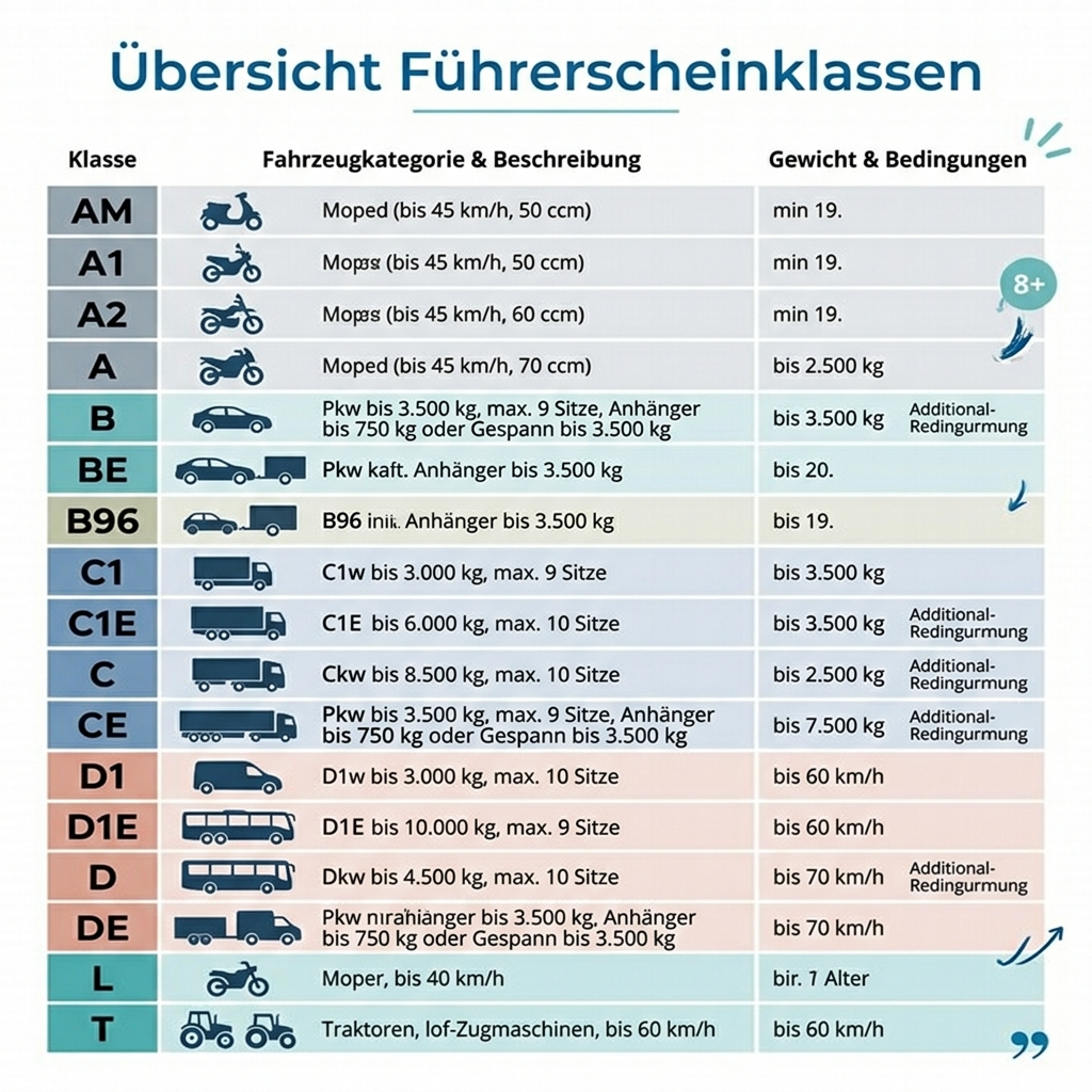 Übersicht der Anhänger Führerscheinklassen B, BE, C1E, CE in Deutschland