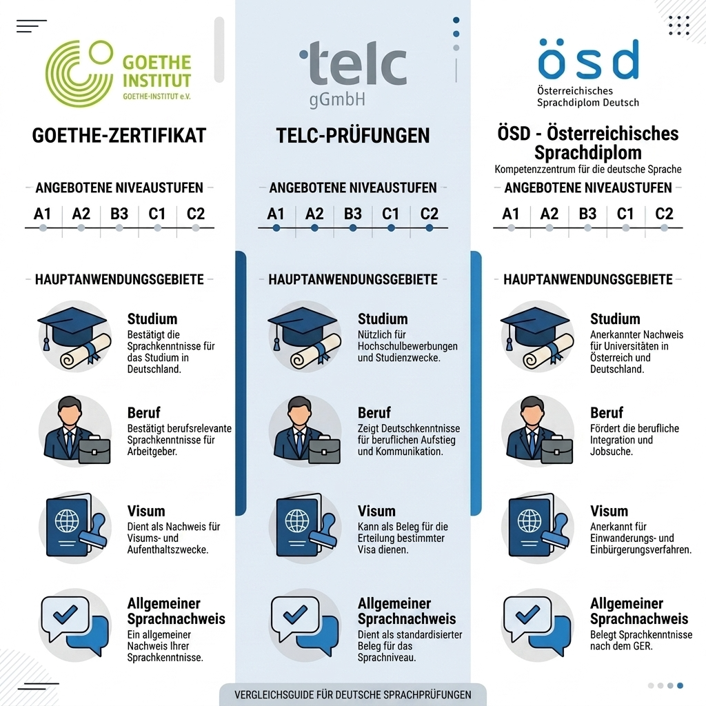 Vergleich der Deutschzertifikate Goethe, telc und ÖSD nach Niveaustufe und Einsatzzweck.