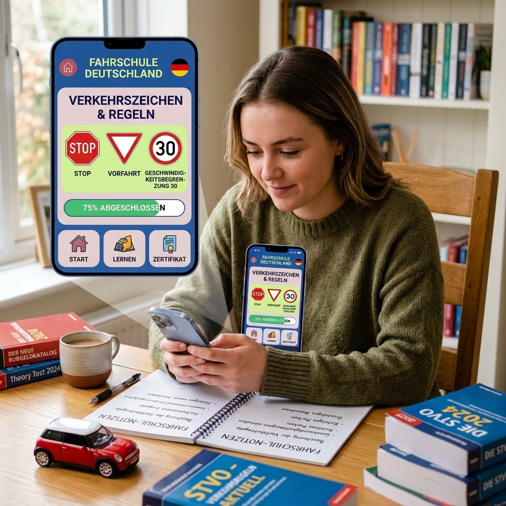 Person mit Smartphone, die eine Führerschein-Lern-App nutzt.