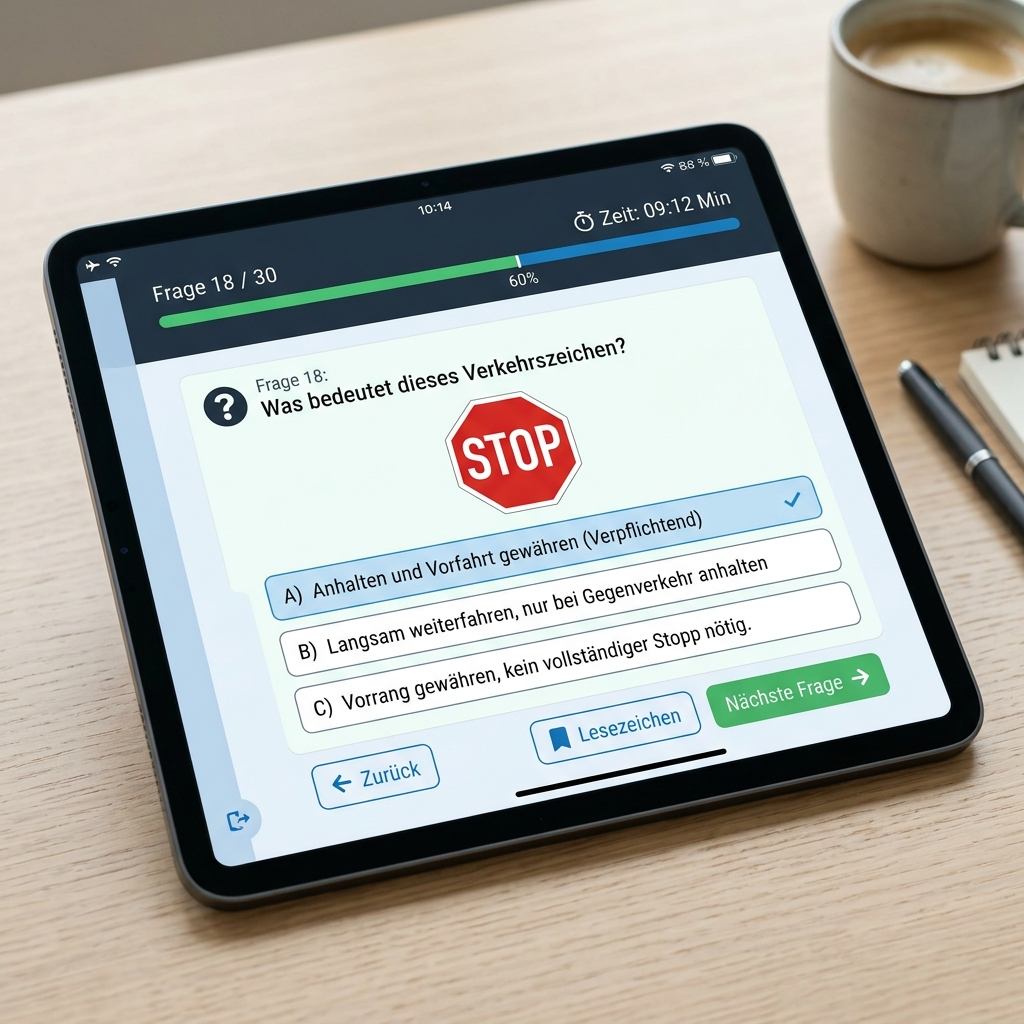 Tablet mit digitaler Theorieprüfungssoftware für den deutschen Führerschein und Multiple-Choice-Fragen


