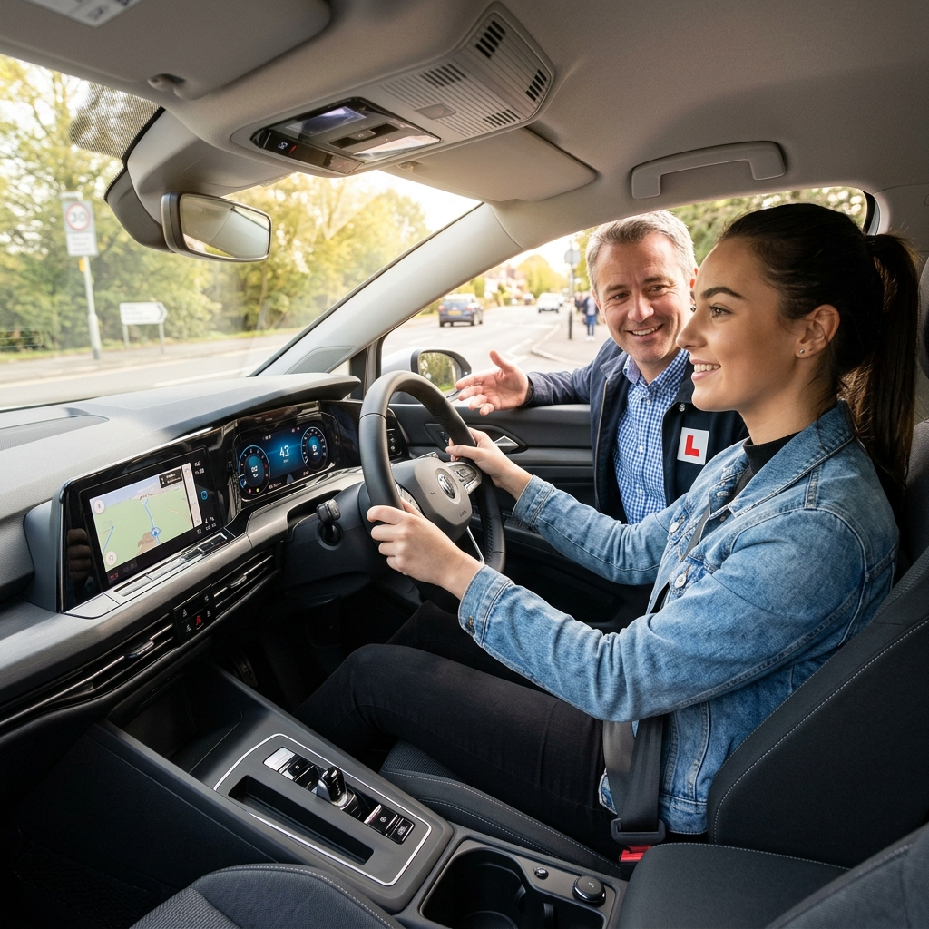 Fahrschülerin am Steuer eines modernen Autos mit Fahrlehrer auf dem Beifahrersitz in freundlicher Atmosphäre während der Fahrstunde

