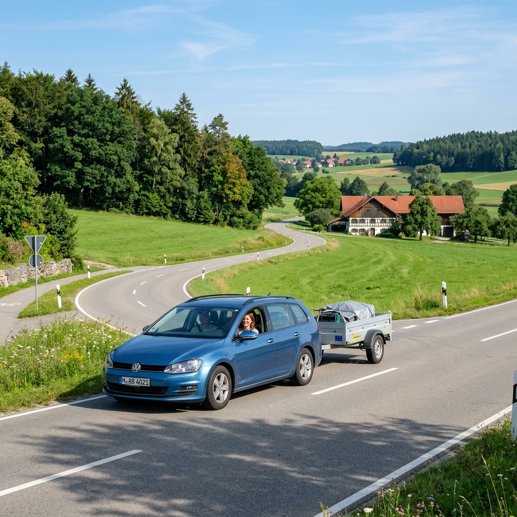 Pkw mit kleinem Anhänger auf deutscher Landstraße – Gespann mit Führerscheinklasse B