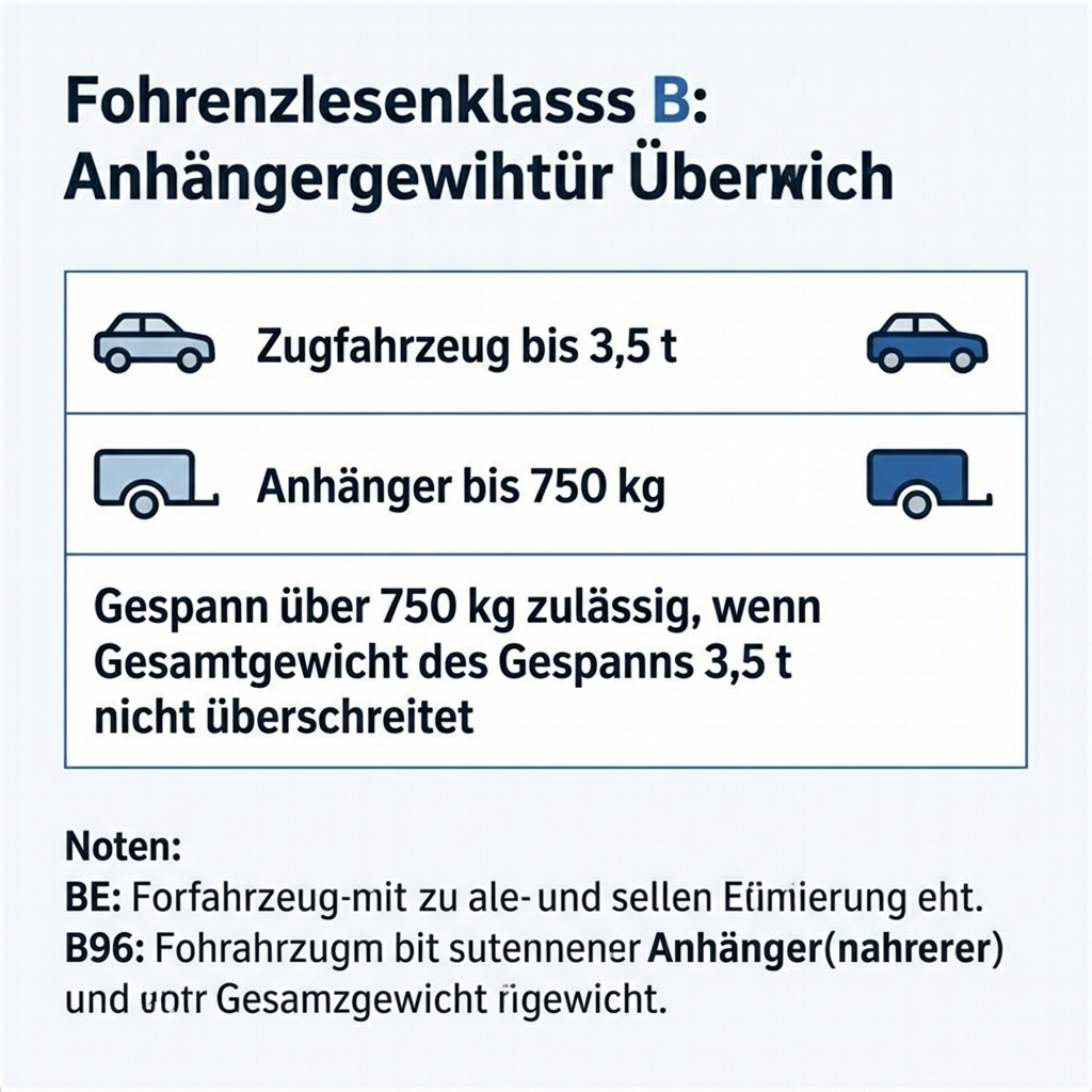 Übersichtstabelle zu den Gewichtsgrenzen für Anhänger mit Führerschein Klasse B in Deutschland mit Regeln zu Zugfahrzeug bis 3,5 Tonnen, Anhänger bis 750 kg und zulässigem Gesamtgewicht des Gespanns.