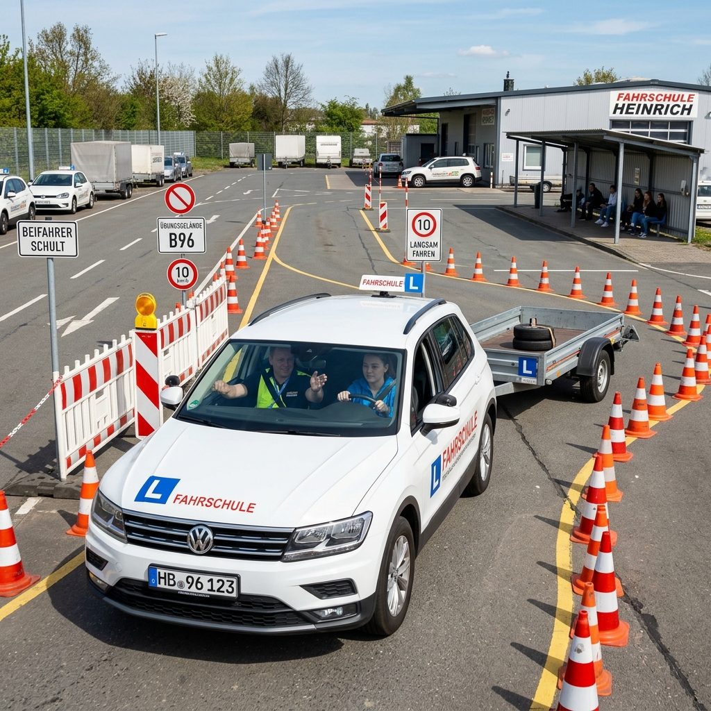 Fahrschülerin bei praktischer B96-Schulung mit Anhänger auf dem Übungsplatz einer Fahrschule in einem VW Tiguan mit Fahrlehrer