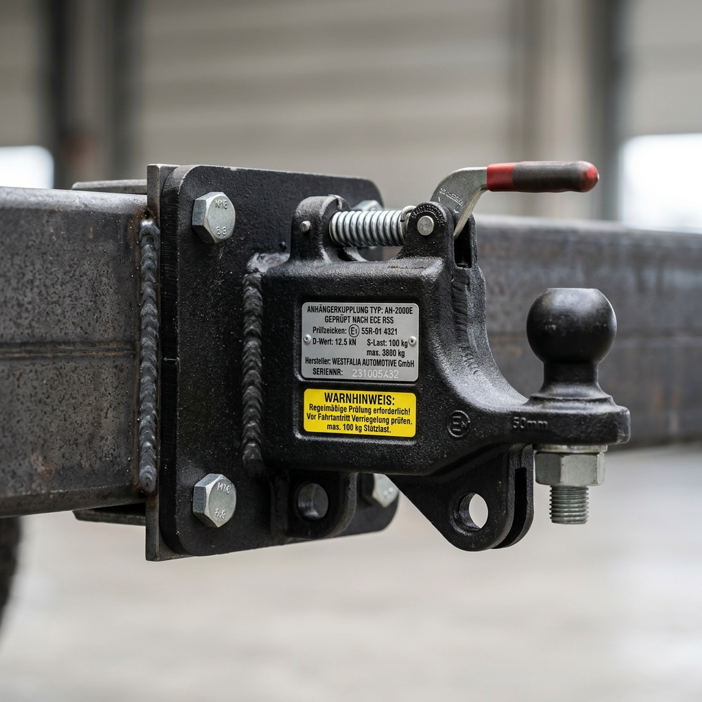 Geprüfte Anhängerkupplung in Nahaufnahme mit sichtbarer Sicherheitskennzeichnung und robuster Metallkonstruktion.