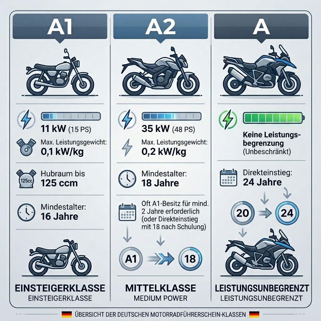 Vergleich der Motorrad-Führerscheinklassen A1, A2 und A mit Leistungsgrenzen.
