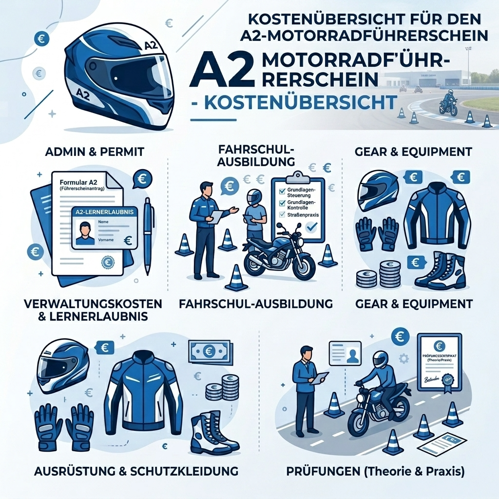 Infografik zur A2 Führerschein Kostenübersicht mit Kosten für Motorradführerschein, Ausbildung, Ausrüstung und Prüfung.