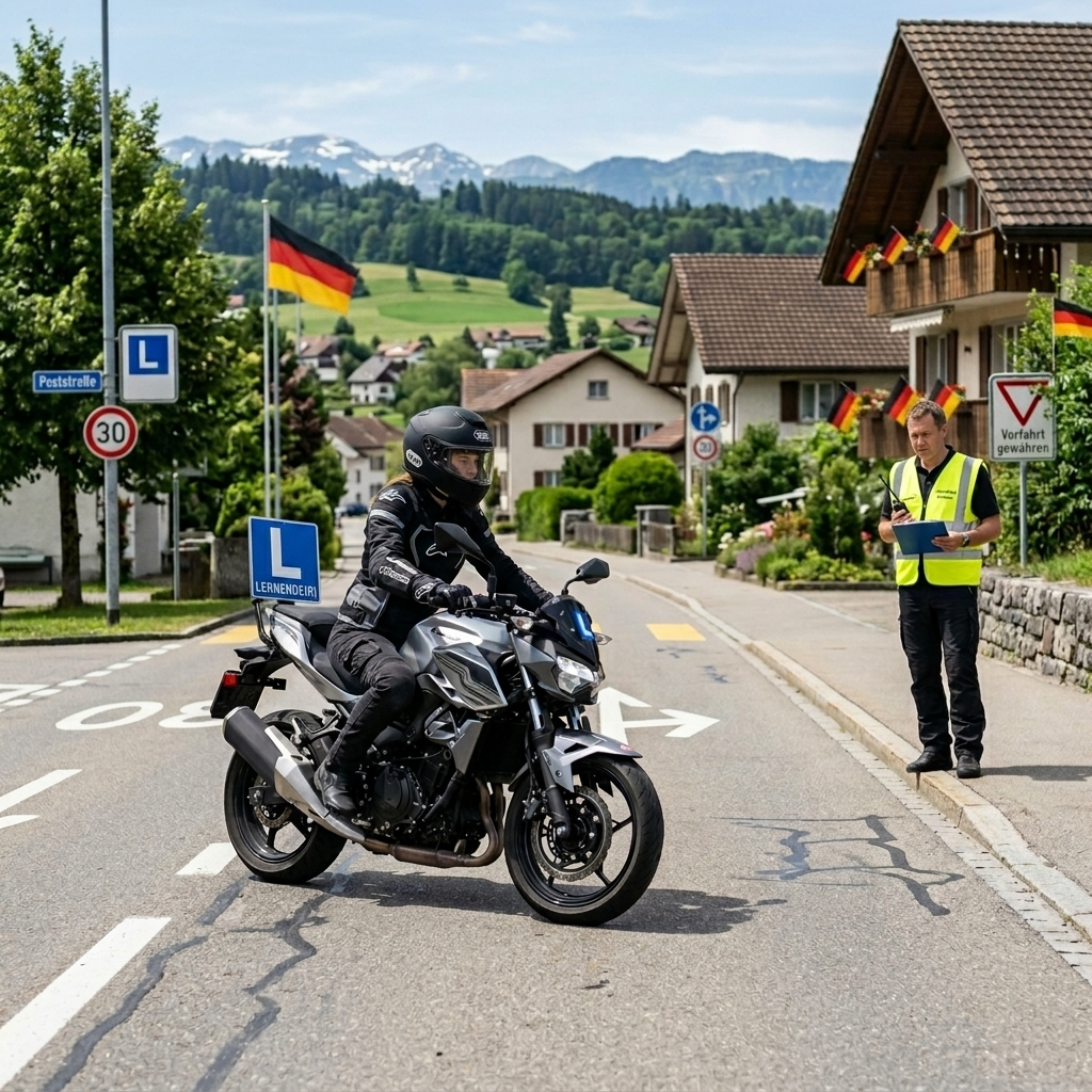 Motorradfahrschüler bei der A2-Prüfungsfahrt in der Schweiz mit Fahrlehrer in einem Schweizer Dorf

