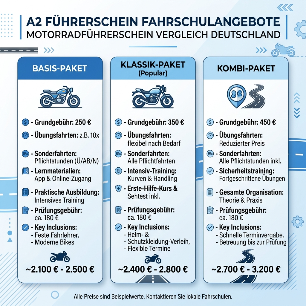 Infografik zum Vergleich von Fahrschulangeboten für den A2-Führerschein in Deutschland mit Preisen, Leistungen und drei Motorradführerschein-Paketen

