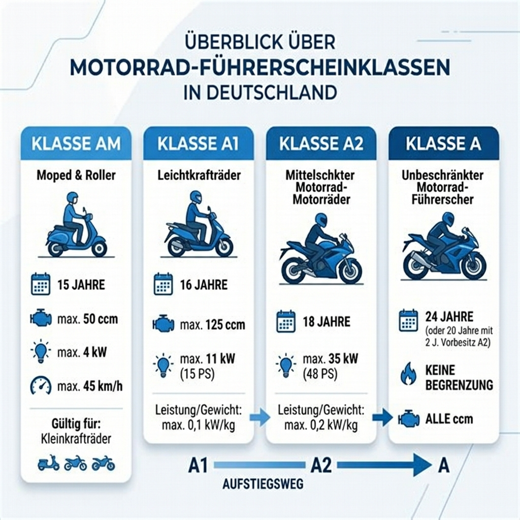 Infografik zu den Motorrad-Führerscheinklassen AM, A1, A2 und A in Deutschland mit Altersgrenzen, Leistungsstufen und Aufstiegsmöglichkeiten im Überblick.