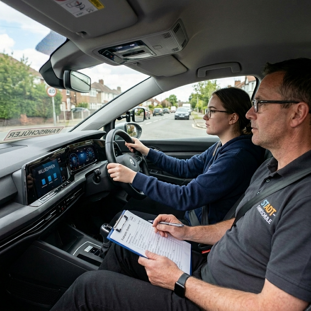 Fahrschüler übt das Fahren im Fahrschulauto mit Fahrlehrer während der Ausbildung am Führerschein.