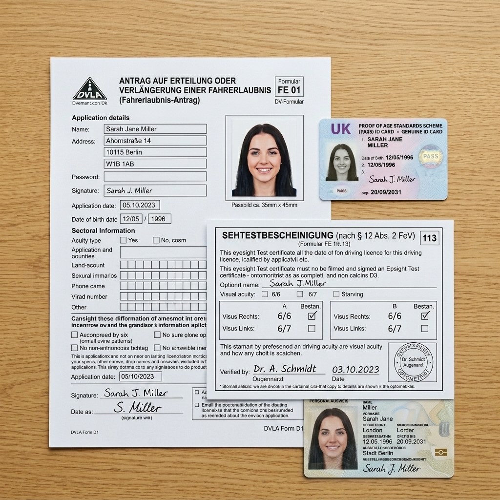 Erforderliche Unterlagen für den Führerscheinantrag inklusive Passfoto, Sehtest und Personalausweis.