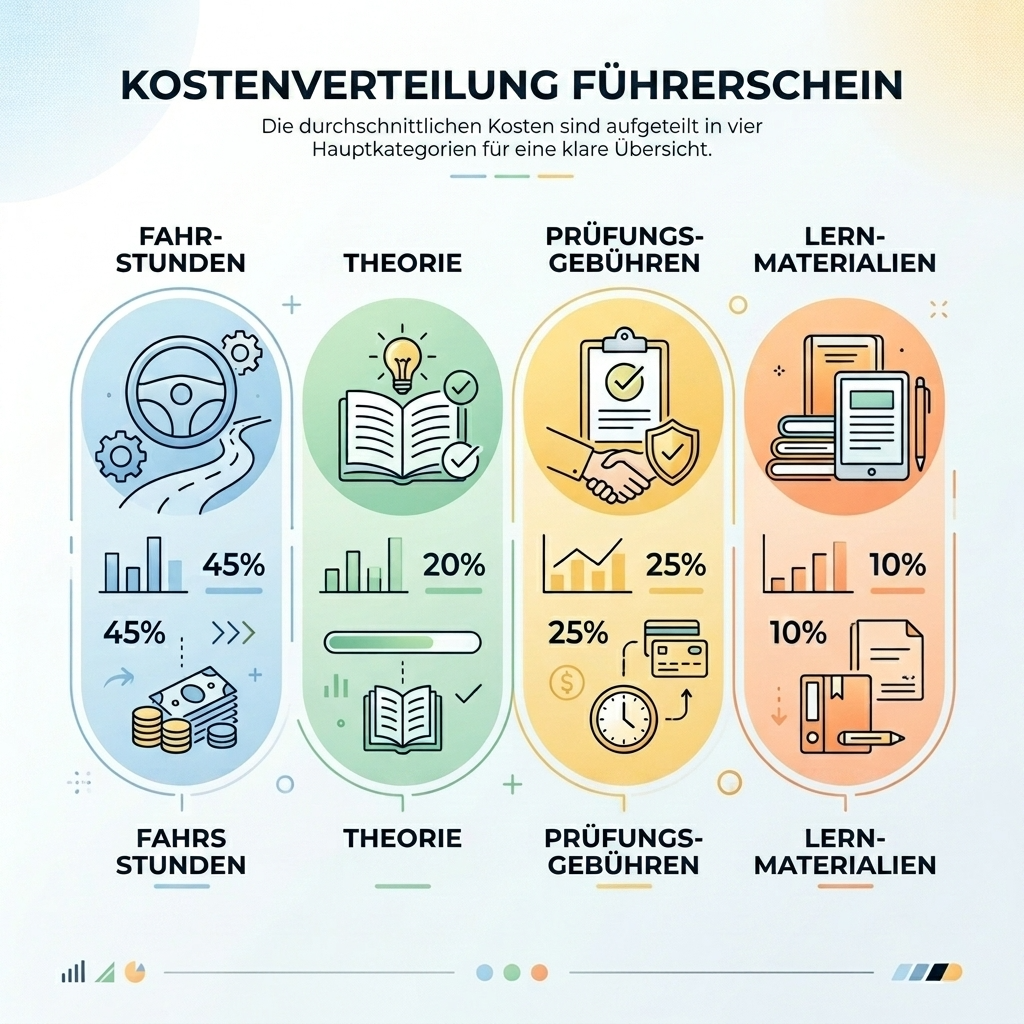 Grafik zur Aufteilung der Führerscheinkosten in Fahrstunden, Gebühren und Nebenkosten.