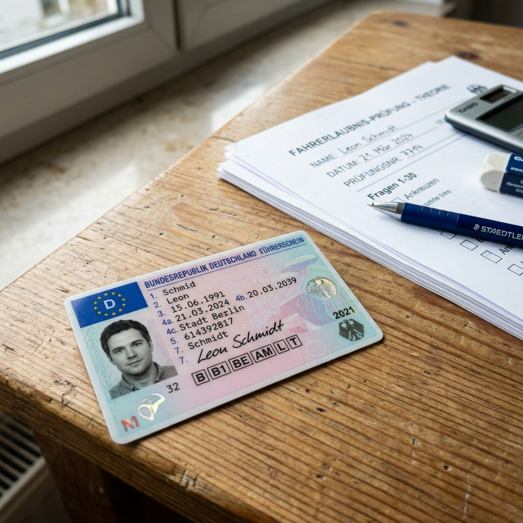 Deutscher EU-Führerschein neben Prüfungsunterlagen